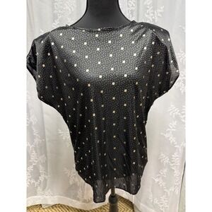 Vintage 80s TR Bentley Black Gold Polka Dot Satin Shoulder Pad Blouse Top M